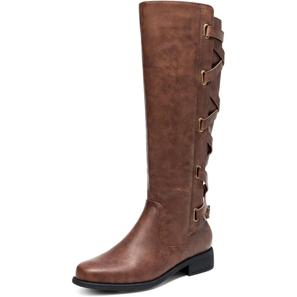 🆕Women Faux Leather Deep Brown Strappy Motorcycle Knee High Riding Lace Up Boot